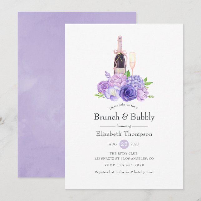 Invitación Pastel Violeta Floral Brunch & Bubbly Bridal Showe (Anverso / Reverso)
