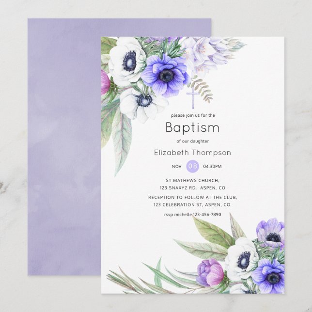Invitación Pastel Violeta y Bautismo Floral de Pluma (Anverso / Reverso)
