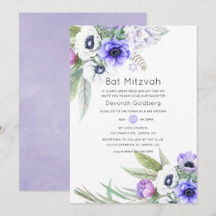 Invitación Pastel Violeta y Floral de Ciruelo Bat Mitzvah