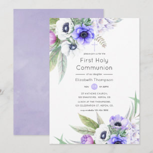 Invitación Pastel Violeta y Plum Floral Santa Comunión