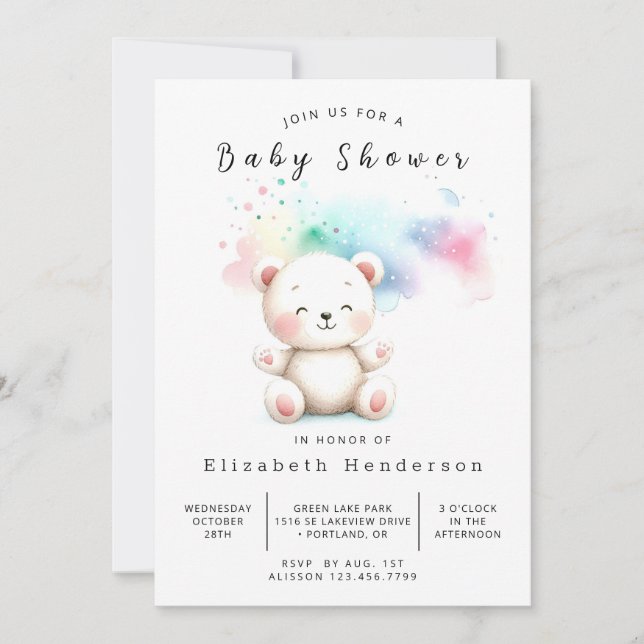 Invitación Pastel Watercolor Bear Baby Shower (Anverso)