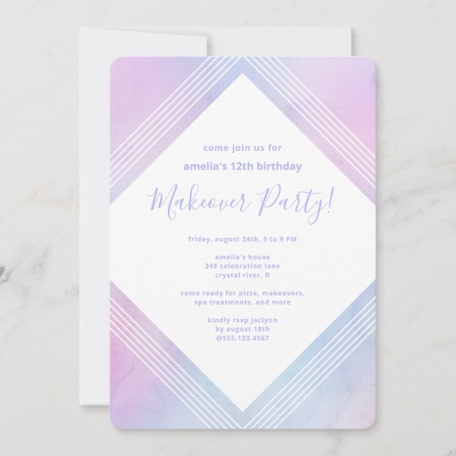 Invitación Pastel Watercolor Birthday Makover Fiesta Purple (Anverso)