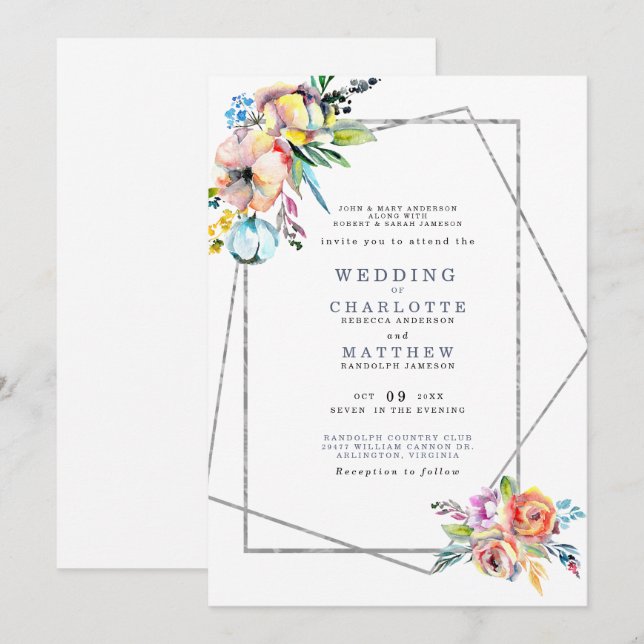 Invitación Pastel Watercolor Blanco Ambos Padres Boda (Anverso / Reverso)