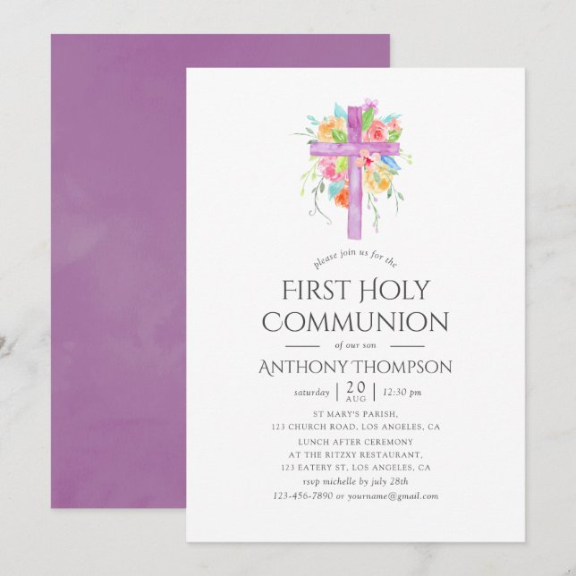 Invitación Pastel Watercolor Floral Primera Comunión Santa (Anverso / Reverso)