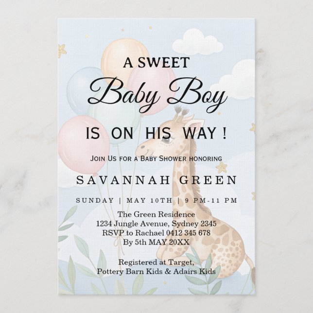 Invitación Pastel Watercolor Giraffe Baby Boy Invite (Anverso)