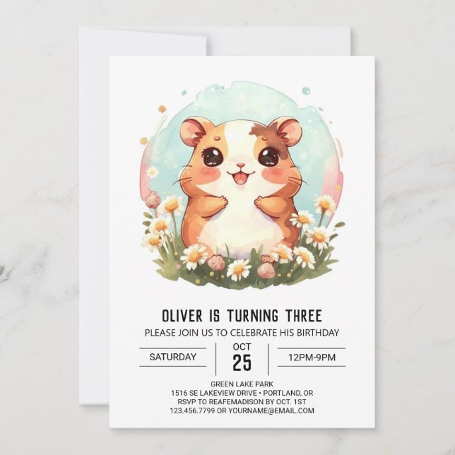 Invitación Pastel Watercolor Hamster Birthday (Anverso)