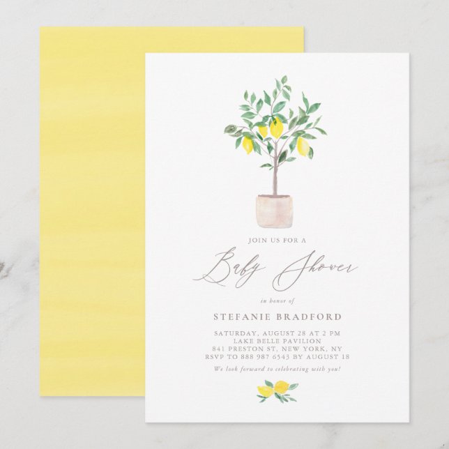 Invitación Pastel Watercolor Lemon Tree Baby Shower (Anverso / Reverso)