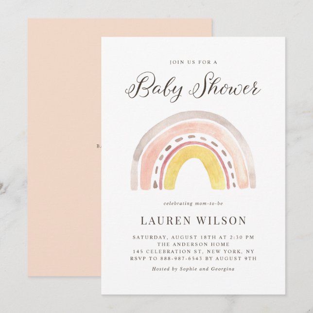 Invitación Pastel Watercolor Rainbow Baby Shower (Anverso / Reverso)