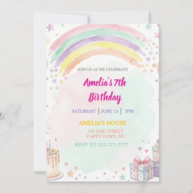 Invitación Pastel Watercolor Rainbow Birthday (Anverso)