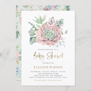 Invitación Pastel Watercolor Succulens Chica Baby Shower