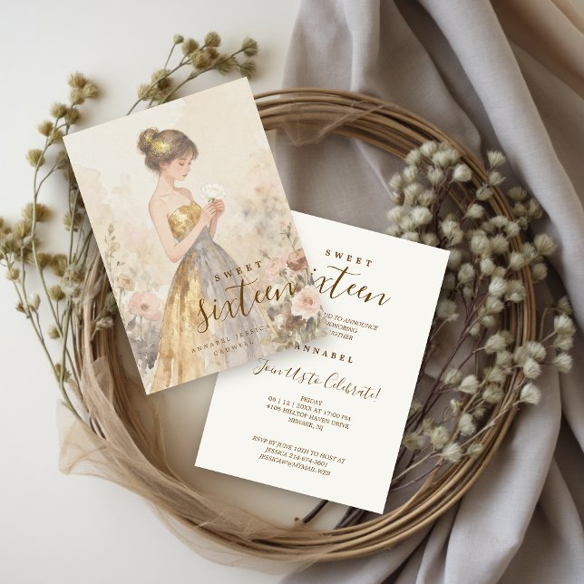 Invitación Pastel Watercolor Sweet Sixteen Girl & Flowers (Soft Pastel Watercolor Effect Young Woman in Golden and Gray Strapless Gown Invitation.)
