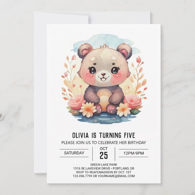 Invitación Pastel Whimsical Bear Chica Cumpleaños (Anverso)