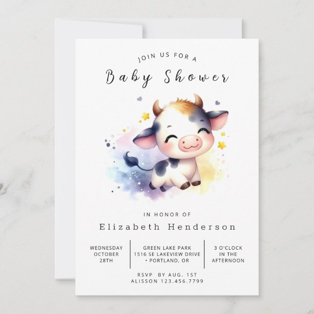 Invitación Pastel Whimsical Cow Baby Shower (Anverso)