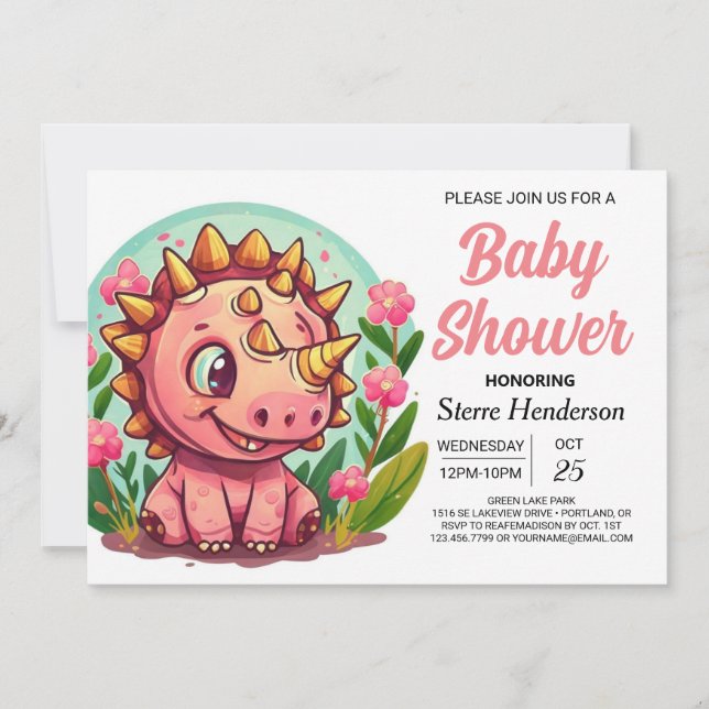 Invitación Pastel Whimsical Dinosaur Chica Baby Shower (Anverso)