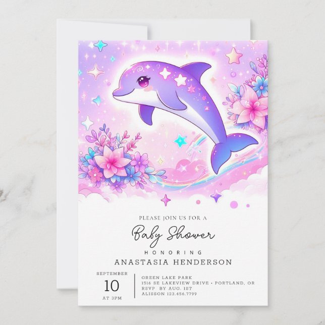 Invitación Pastel Whimsical Dolphin Baby Shower (Anverso)