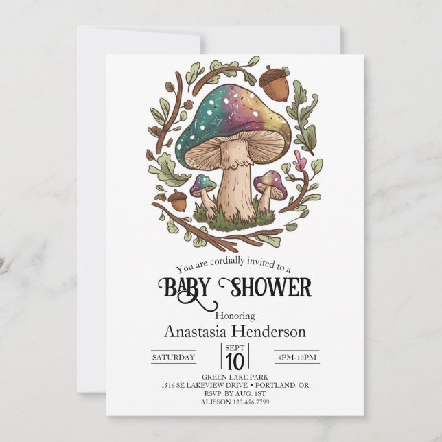 Invitación Pastel Whimsical Mushroom Baby Shower Digital (Anverso)