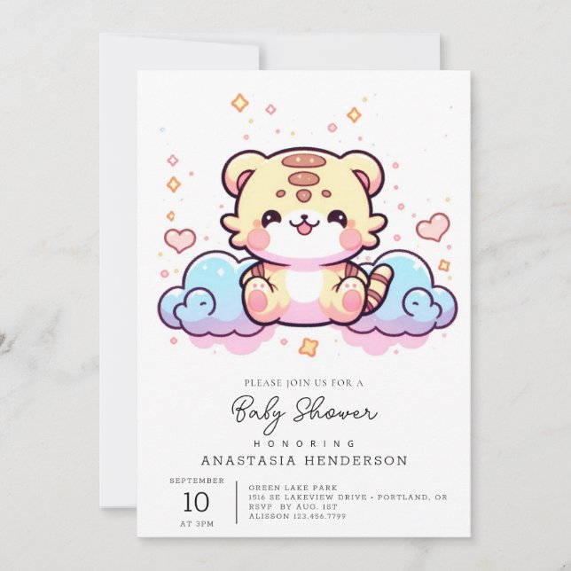 Invitación Pastel Whimsical Tiger Baby Shower (Anverso)