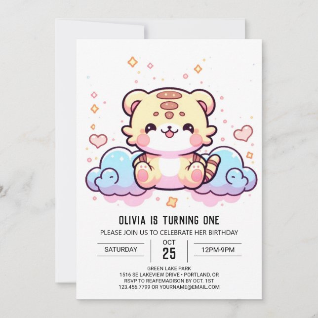 Invitación Pastel Whimsical Tiger Primer cumpleaños (Anverso)