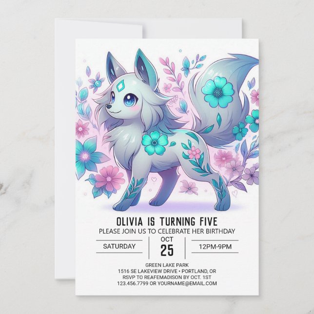 Invitación Pastel Whimsical Wolf Digital Birday (Anverso)