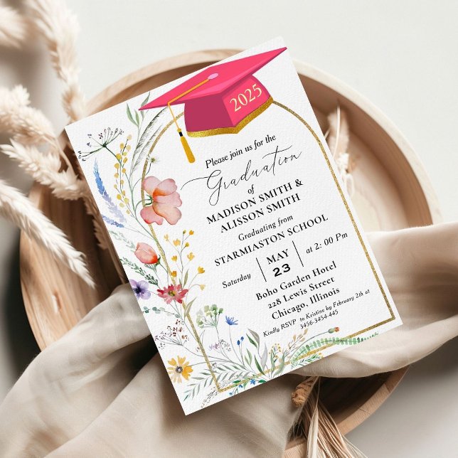 Invitación Pastel Wildflower Garden Twin Graduation Party (Subido por el creador)