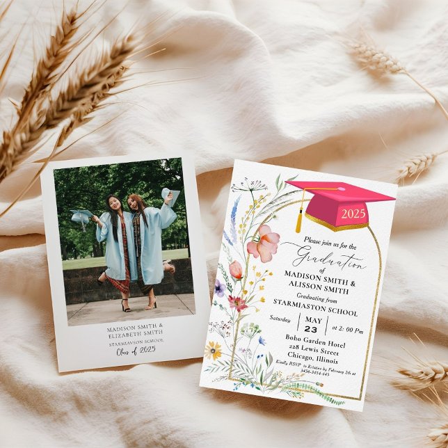 Invitación Pastel Wildflower Garden Twin Graduation Party (Subido por el creador)
