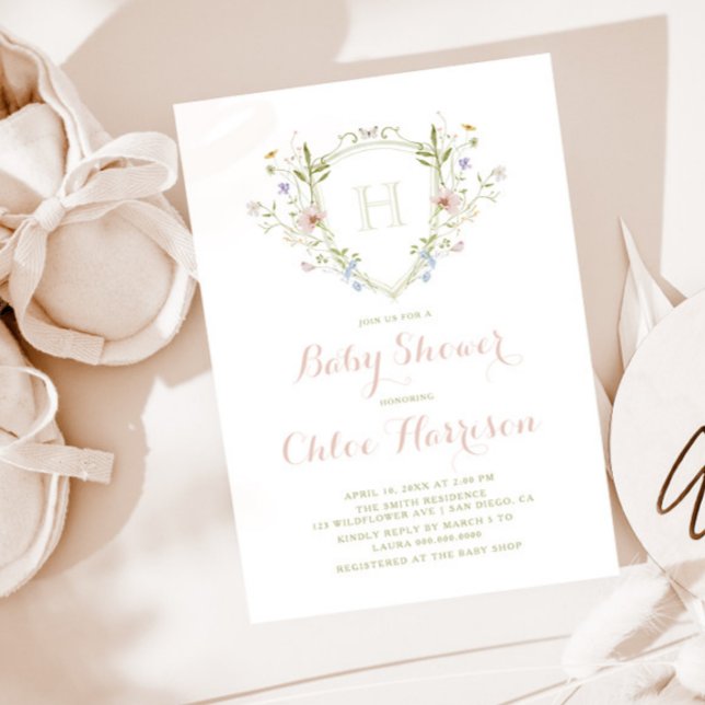 Invitación Pastel Wildflower Monograma Escudo Baby Shower (Subido por el creador)