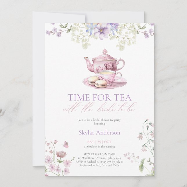 Invitación Pastel Wildflower Time for Tea Bridal Shower Party (Anverso)