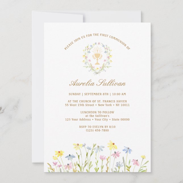 Invitación Pastel Wildflowers Escribió Primera Comunión (Anverso)