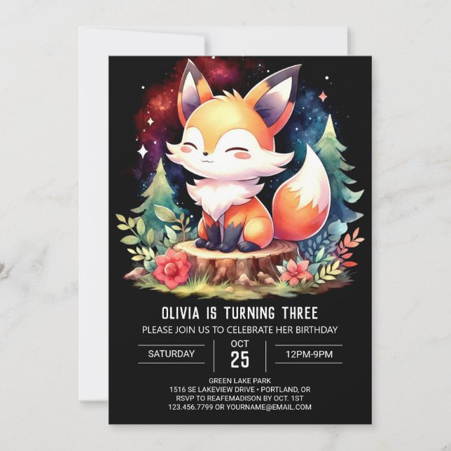 Invitación Pastel Woodland Fox Birthday digital (Anverso)
