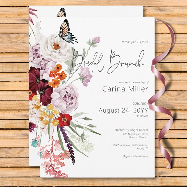 Invitación Pastel y Borgoña Blooms Floral Bridal Brunch (Pastel & Burgundy Blooms Floral Bridal Brunch Invitation)