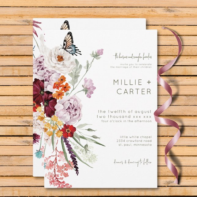 Invitación Pastel y Borgoña florecen Bodas florales modernos (Pastel & Burgundy Blooms Modern Floral Wedding Invitation)