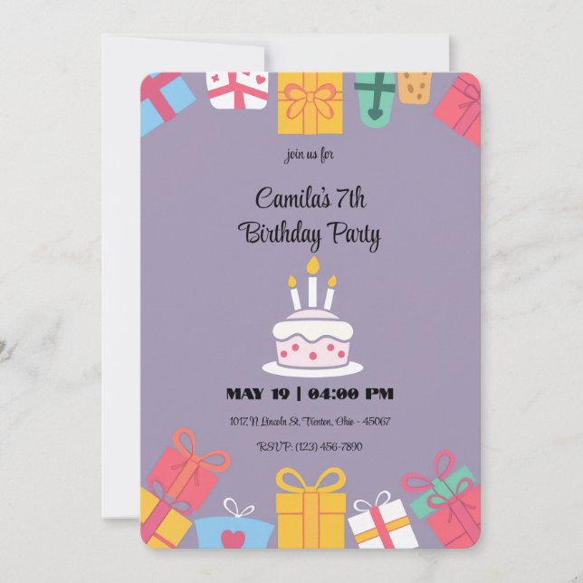 Invitación Pastel y regalo de cumpleaños colorido (Anverso)