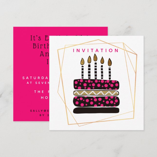 Invitación Pastel y Velas/Fiesta de Oro Negro Rosa/Cumpleaños (Anverso / Reverso)