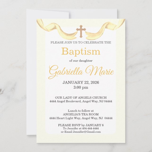 Invitación Pastel Yellow Ribbon Cross Watercolor Baptism (Anverso)