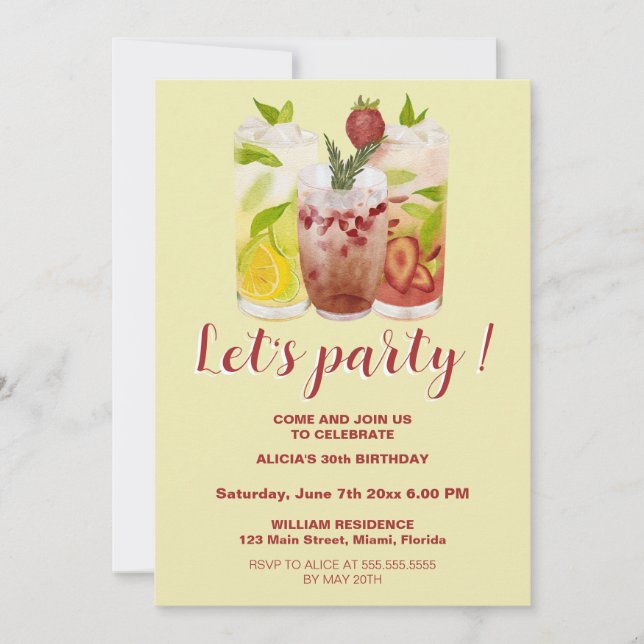Invitación Pastel Yellow Summer Cocktail Fiesta Cumpleaños (Anverso)