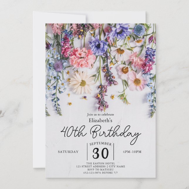 Invitación Pasteles acuarelas Flores silvestres 40 cumpleaños (Anverso)