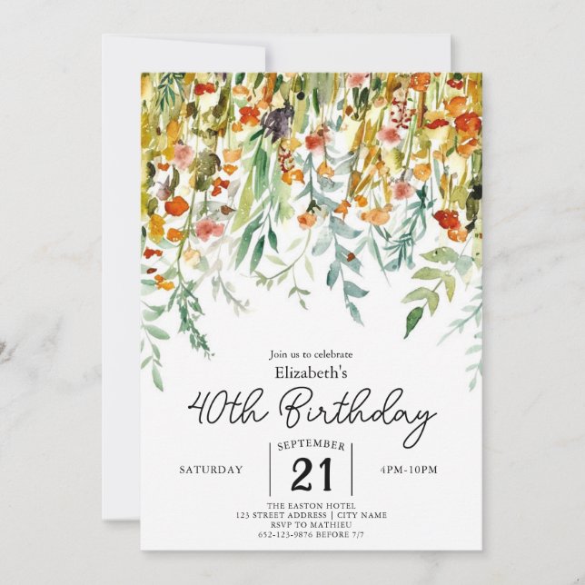 Invitación Pasteles caprichosos Flores silvestres 40 cumpleañ (Anverso)