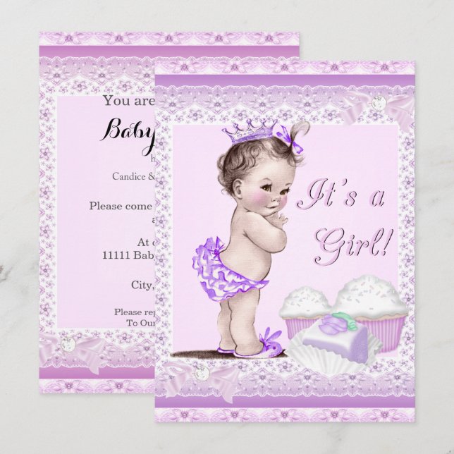 Invitación Pasteles de encaje de lavanda de Chica Baby Shower (Anverso / Reverso)