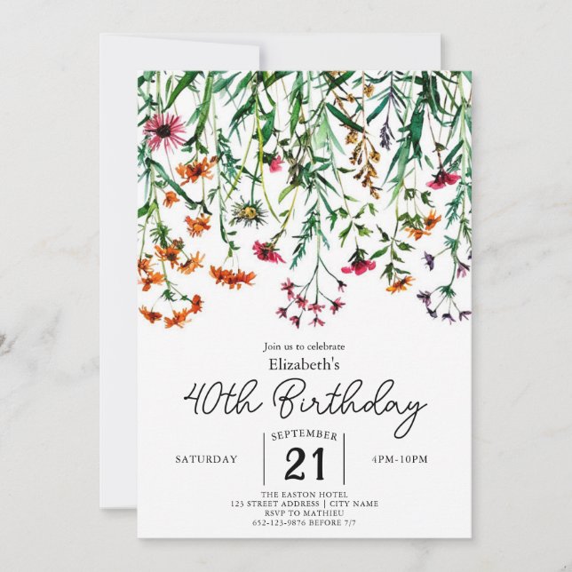 Invitación Pasteles de jardín Flores silvestres 40 cumpleaños (Anverso)