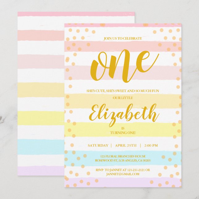Invitación Pasteles Estripas rosas Punto Chicas Acuarela Cump (Anverso / Reverso)