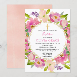 Invitación Pasteles florales rosas Rubor chica de bautismo