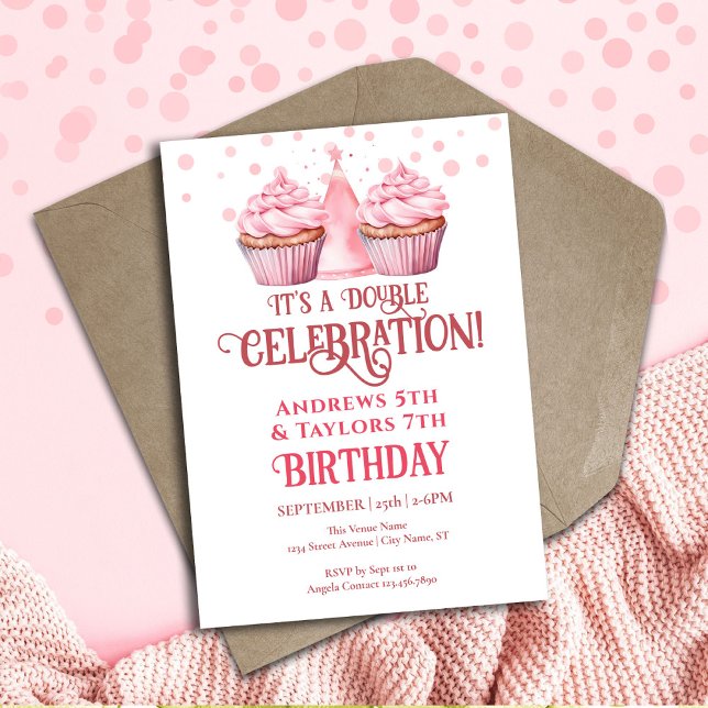 Invitación Pasteles rosados para fiestas de cumpleaños dobles (Subido por el creador)