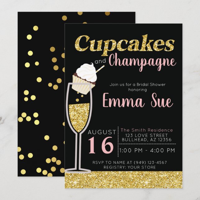Invitación Pasteles y champán Ducha de Novia Negra y Oro (Anverso / Reverso)