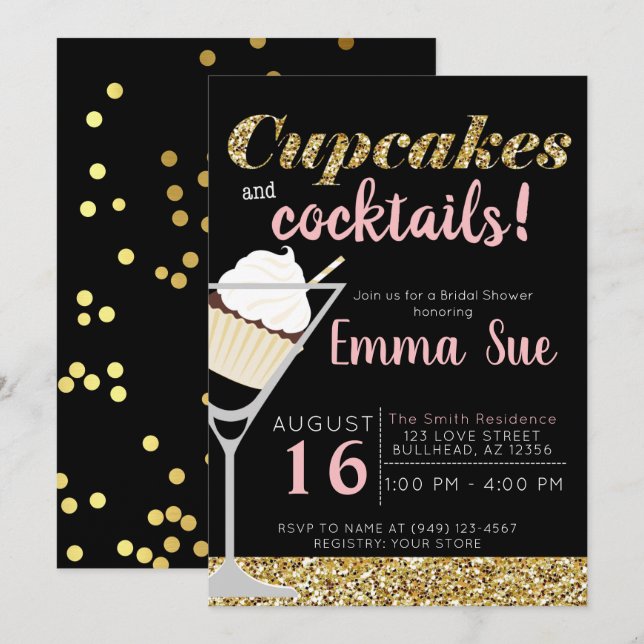 Invitación Pasteles y cócteles Ducha de Novias Negras y Oro (Anverso / Reverso)