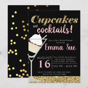 Invitación Pasteles y cócteles Ducha de Novias Negras y Oro