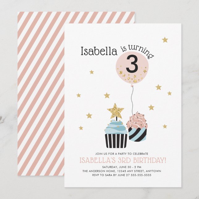 Invitación Pasteles y globos | Cumpleaños de un niño Purpurin (Anverso / Reverso)