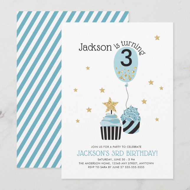 Invitación Pasteles y globos falsos cumpleaños de Purpurina (Anverso / Reverso)