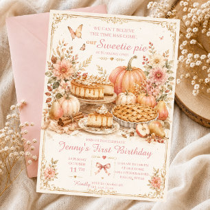 Invitación pastelito de cumpleaños de otoño calabaza lazo ros