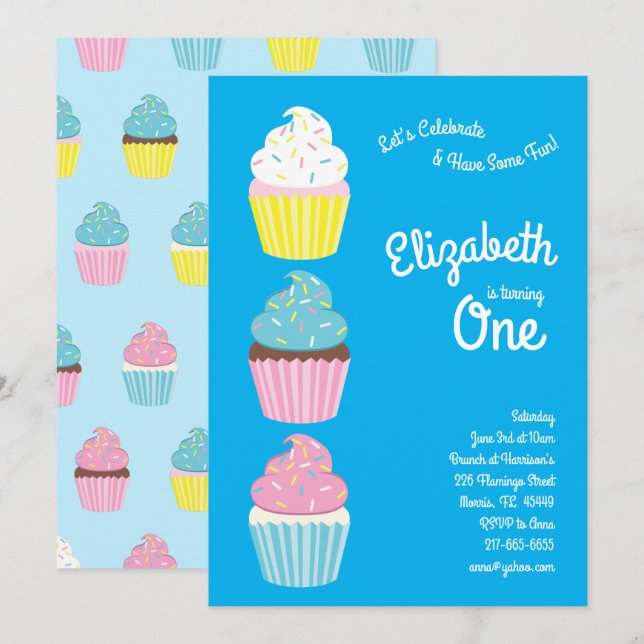 Invitación Pastelitos Cutés Niños Primer Fiesta de cumpleaños (Anverso / Reverso)