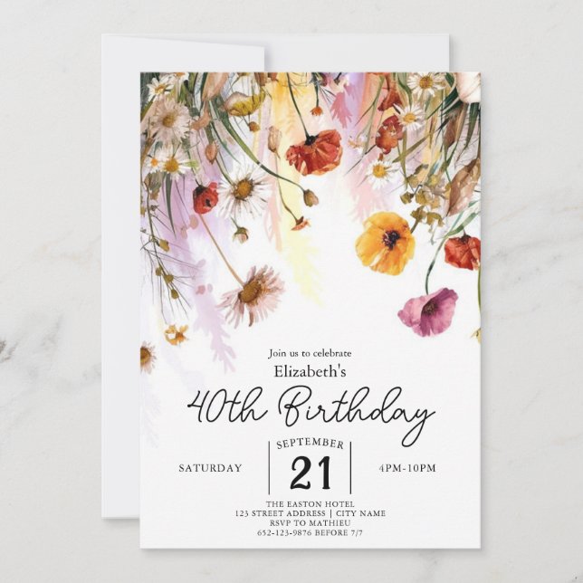 Invitación Pastels Flores silvestres 40 cumpleaños (Anverso)